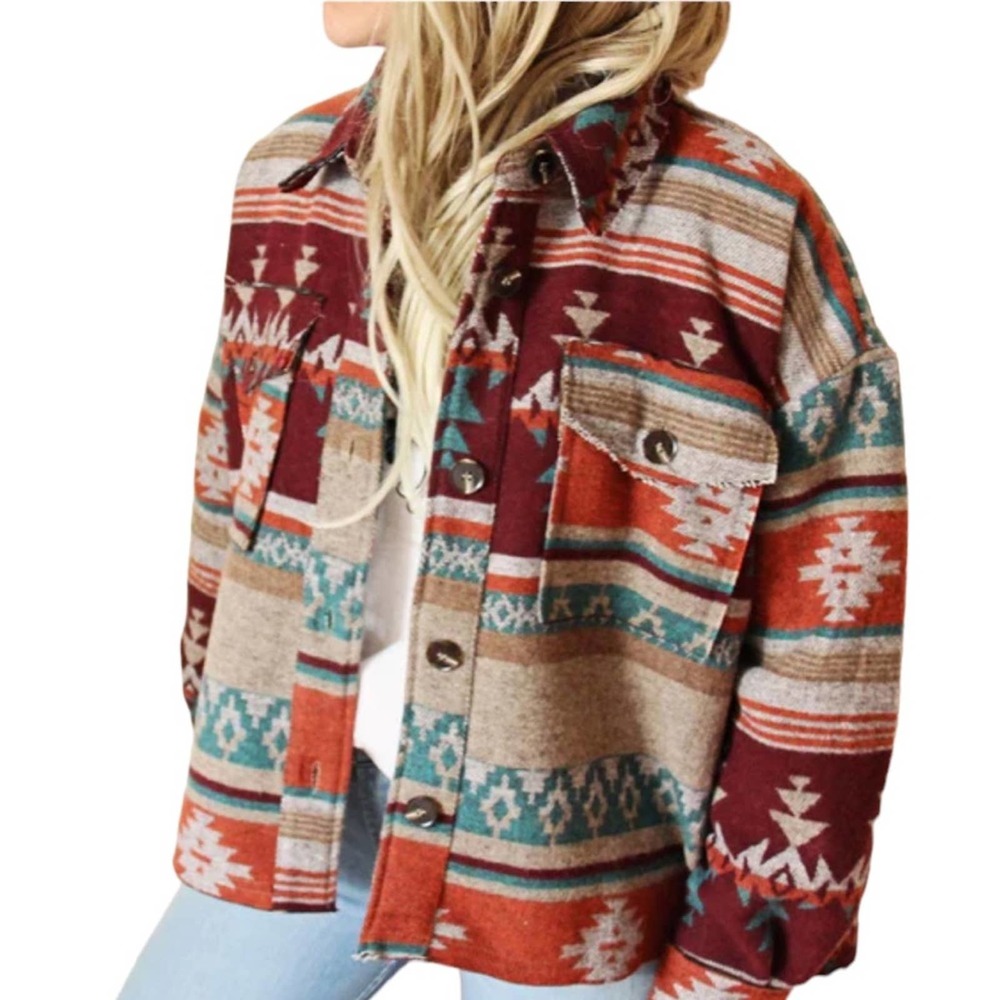 La Miel Southwestern Aztec Shacket Jacket Rust Wine Medium
